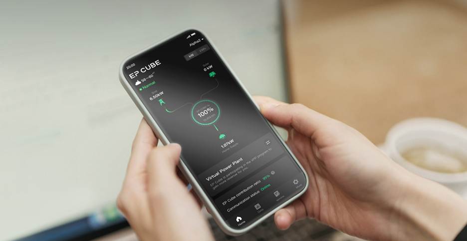 EP Cube app showing home energy flow and battery status for whole home battery backup