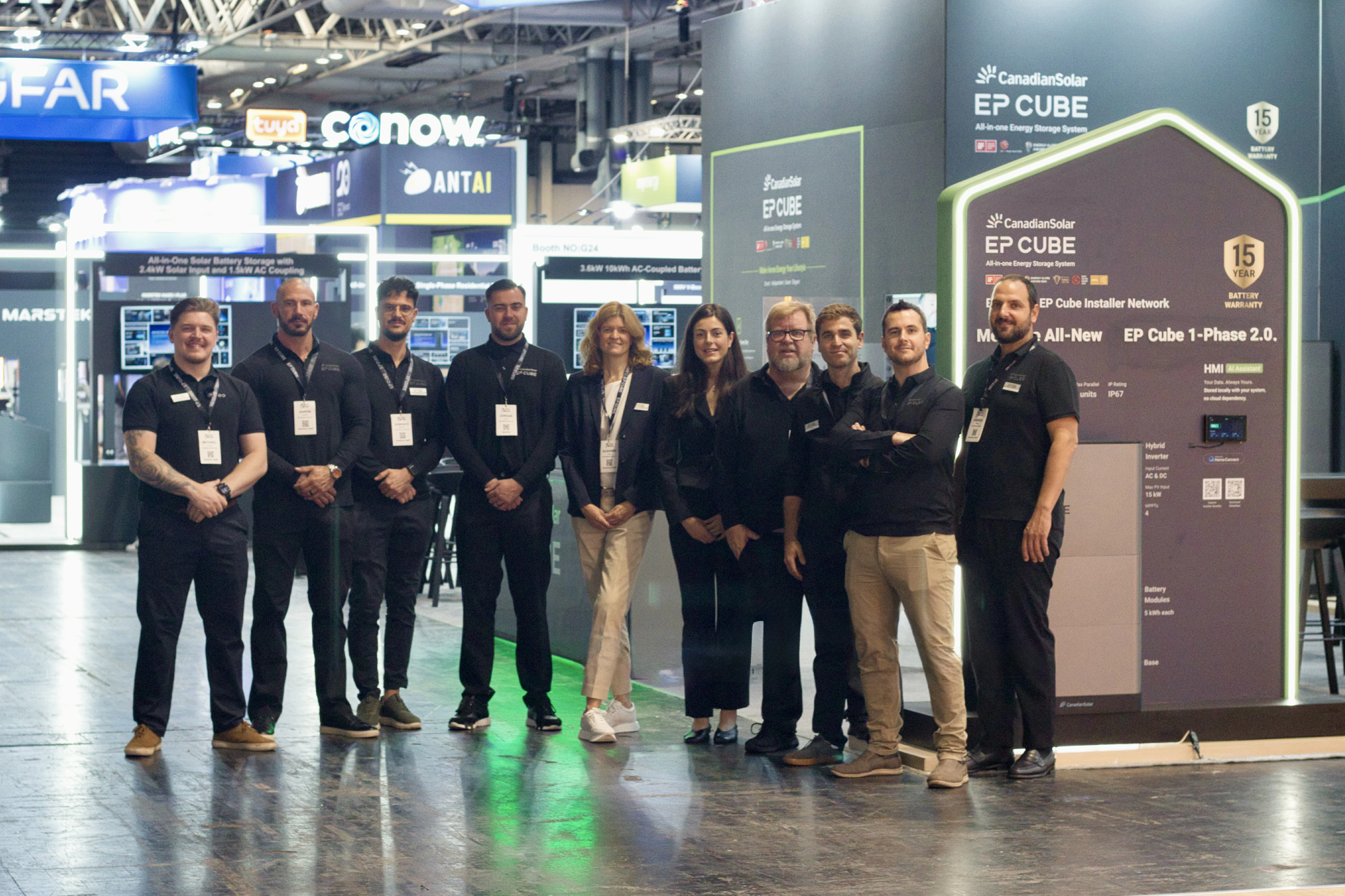 EP Cube team at Solar & Storage Live UK 2026 exhibition booth displaying residential energy storage systems and smart home ecosystem in Birmingham