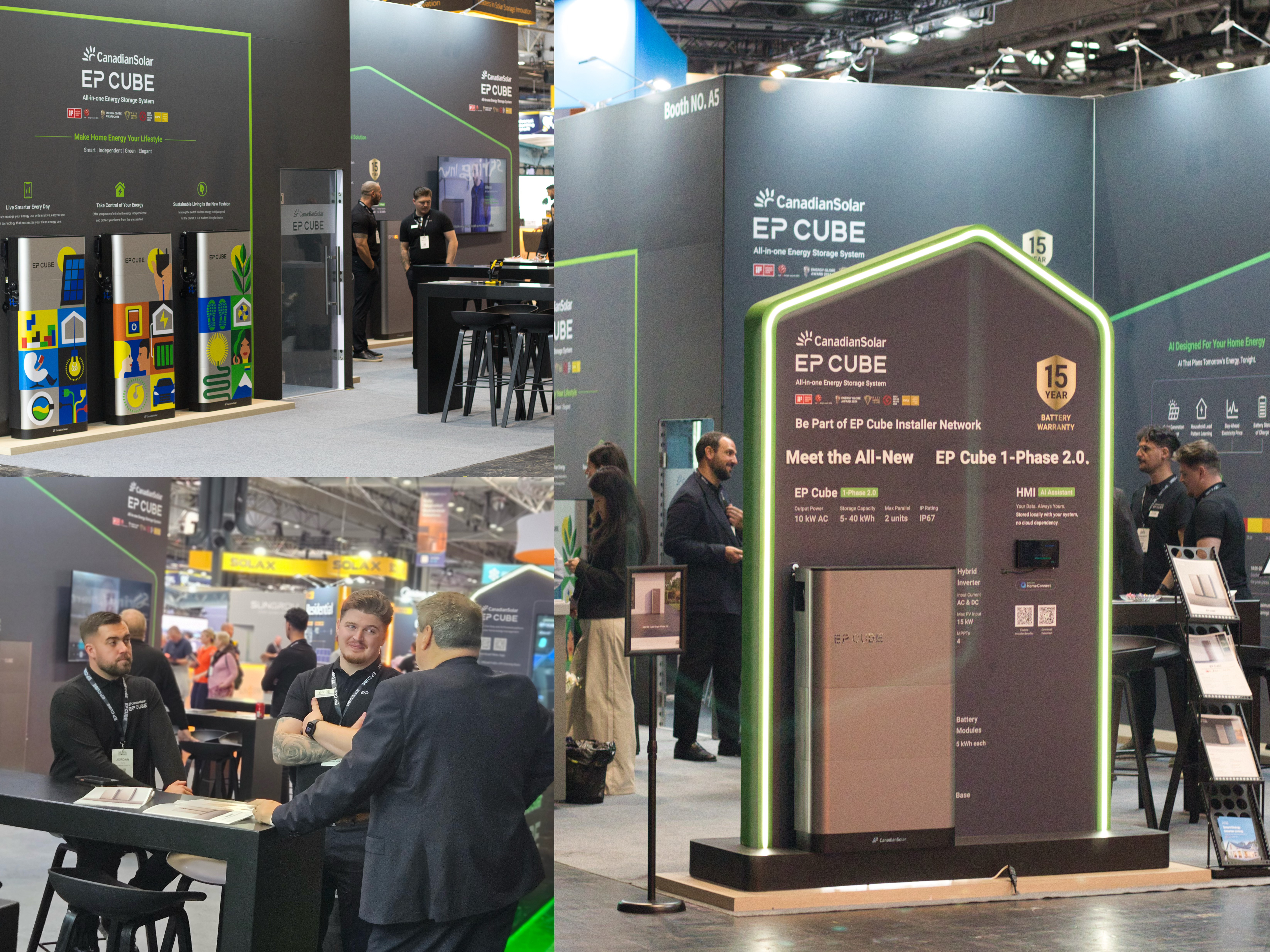 EP Cube exhibition booth at Solar & Storage Live UK 2026 displaying residential energy storage systems, dynamic tariff AI mode, and art collaboration